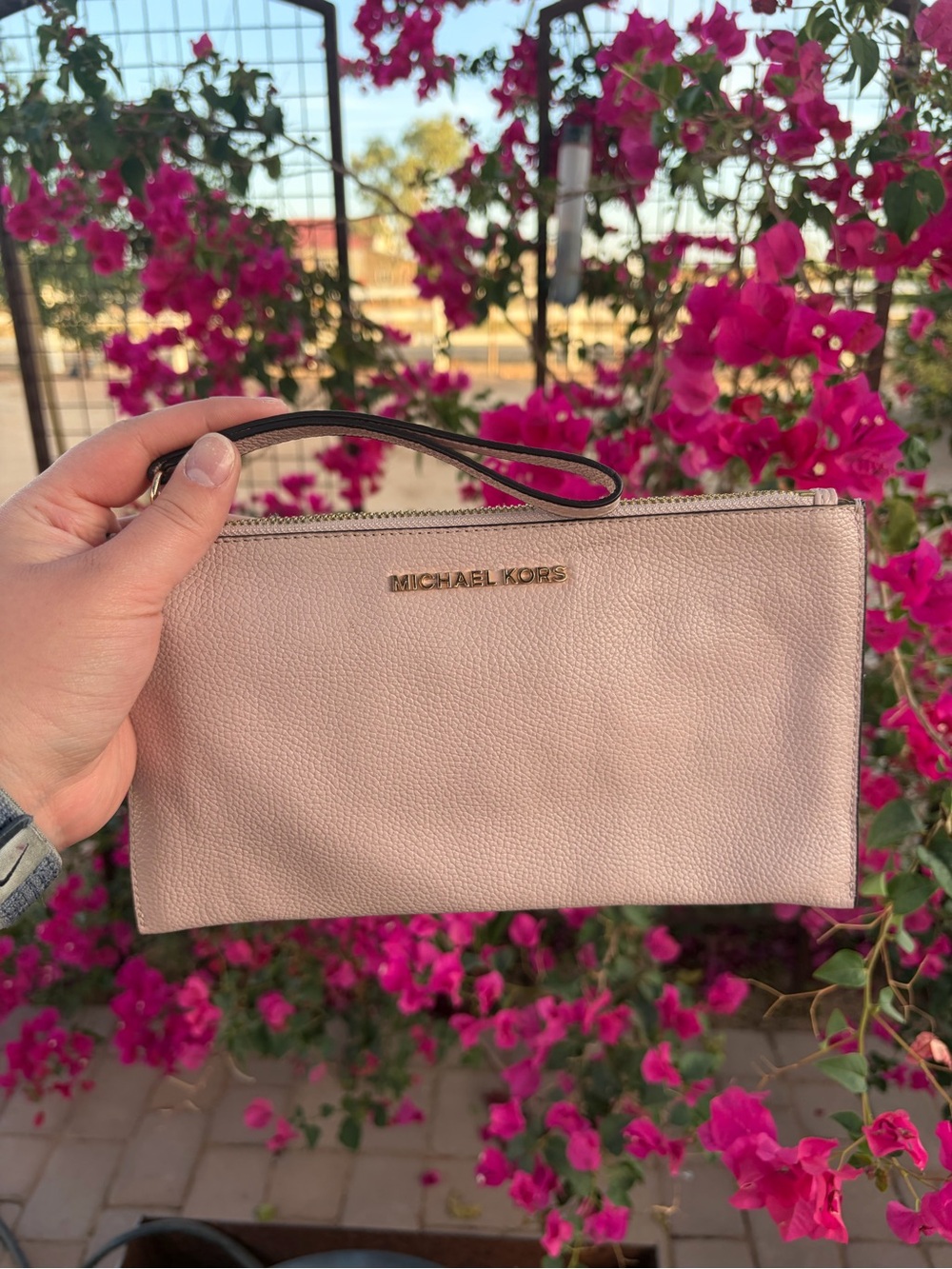 Michael Kors Pale Pink Leather Wristlet Clutch with Gold Logo